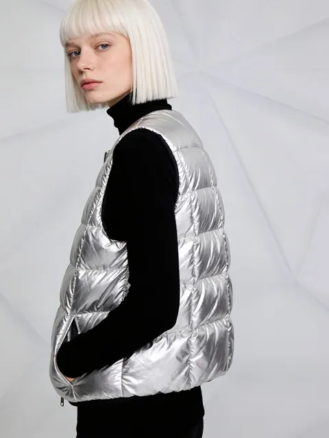 Generated studio portrait, a young woman in a silver vest